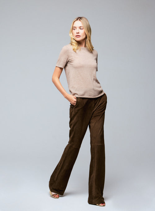 Beige Round Neck Short Sleeve Cashmere T-Shirt - MAJESTIC FILATURES