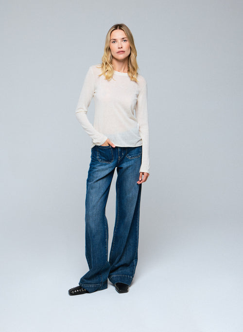 White Round Neck Long Sleeves T-shirt in Cashmere - MAJESTIC FILATURES