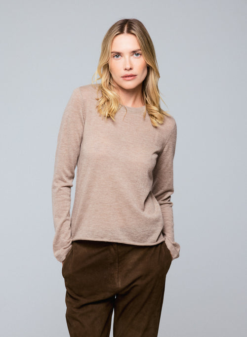 Beige langärmeliges T-Shirt mit Rundhalsausschnitt aus Kaschmir - MAJESTIC FILATURES