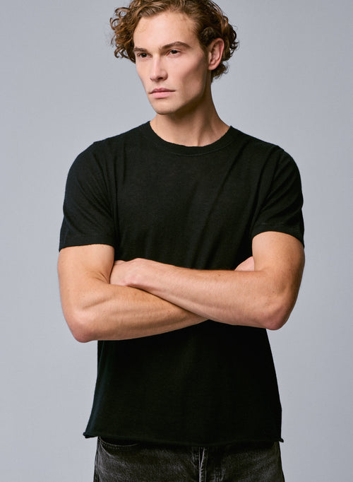 Black Round Neck Short Sleeve Cashmere T-Shirt - MAJESTIC FILATURES