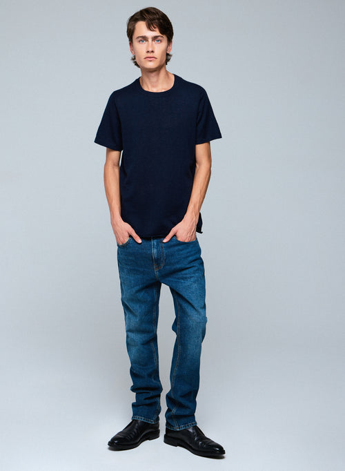 Navy Round Neck Short Sleeve Cashmere T-shirt - MAJESTIC FILATURES
