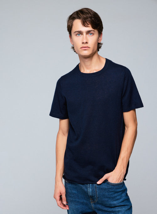 Navy Round Neck Short Sleeve Cashmere T-shirt - MAJESTIC FILATURES
