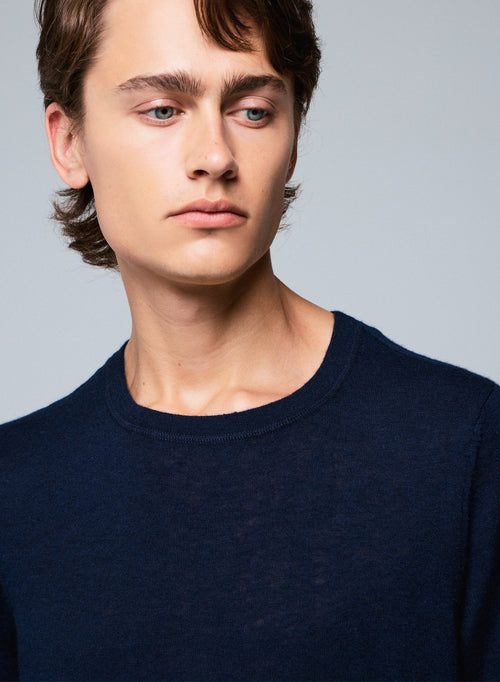 Navy Round Neck Short Sleeve Cashmere T-shirt - MAJESTIC FILATURES