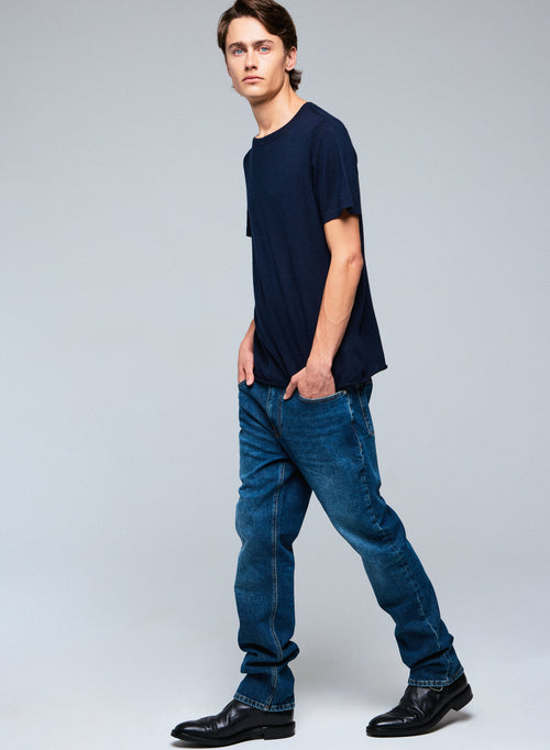 Navy Round Neck Short Sleeve Cashmere T-shirt - MAJESTIC FILATURES