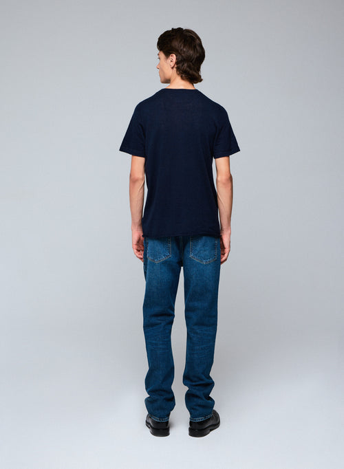Navy Round Neck Short Sleeve Cashmere T-shirt - MAJESTIC FILATURES