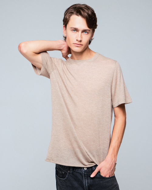 Beige Round Neck Short Sleeve Cashmere T-Shirt - MAJESTIC FILATURES