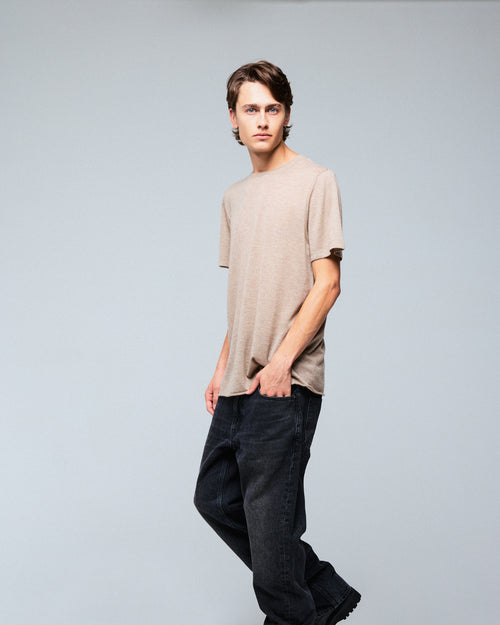 Beige Round Neck Short Sleeve Cashmere T-Shirt - MAJESTIC FILATURES