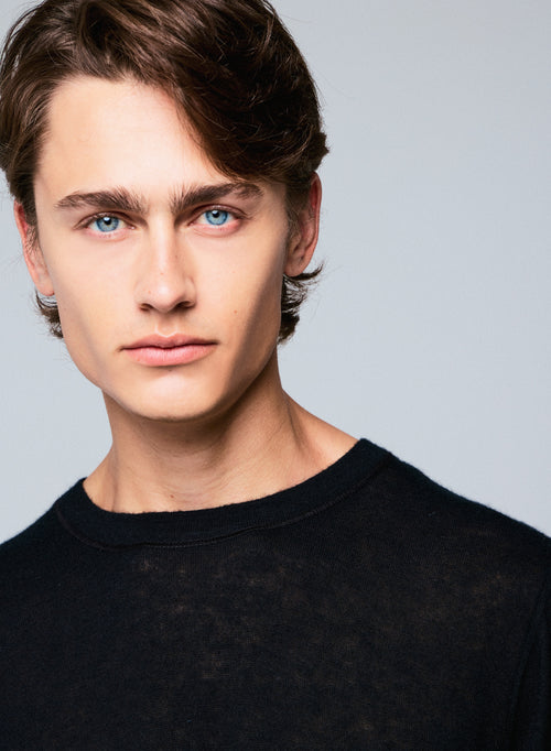 Black Round Neck Short Sleeve Cashmere T-Shirt - MAJESTIC FILATURES