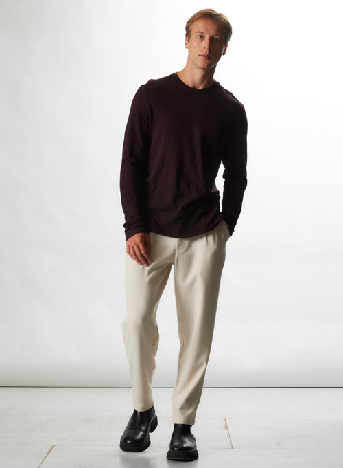 T-shirt Aubergine Col Rond Manches Longues en Coton et Cachemire - MAJESTIC FILATURES