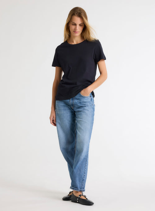 Navy blue Polly T-shirt Round Neck Short Sleeves in Cotton - MAJESTIC FILATURES