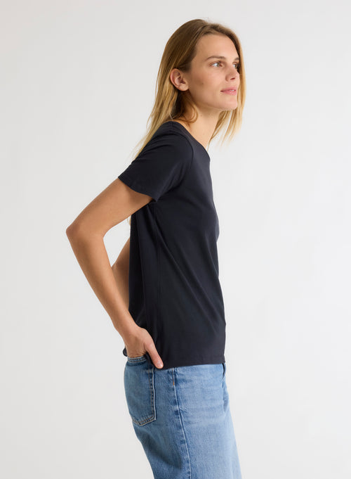 Navy blue Polly T-shirt Round Neck Short Sleeves in Cotton - MAJESTIC FILATURES