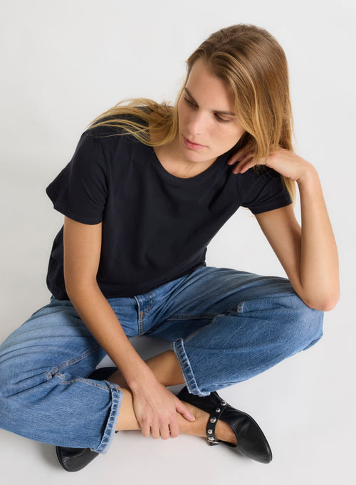 Navy blue Polly T-shirt Round Neck Short Sleeves in Cotton - MAJESTIC FILATURES