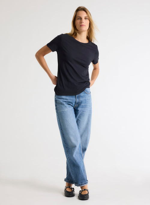 Navy blue Polly T-shirt Round Neck Short Sleeves in Cotton - MAJESTIC FILATURES