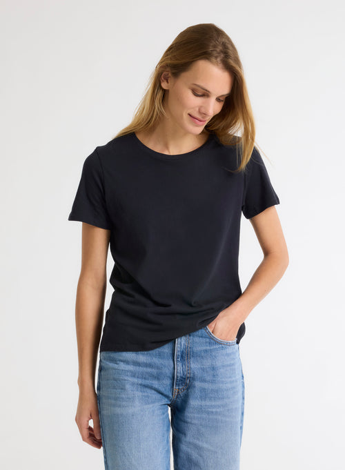 Navy blue Polly T-shirt Round Neck Short Sleeves in Cotton - MAJESTIC FILATURES