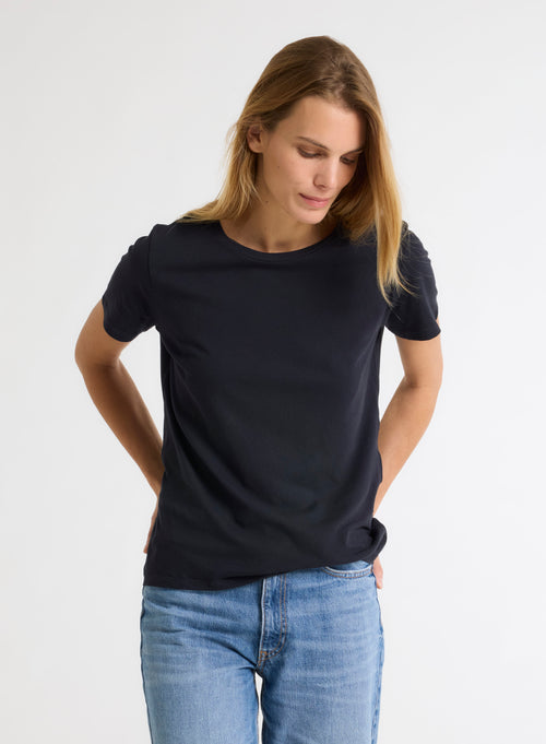 Navy blue Polly T-shirt Round Neck Short Sleeves in Cotton - MAJESTIC FILATURES