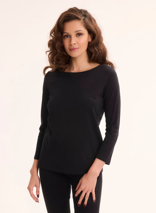 Tee shirt Noir Manches 3/4 Col Bateau en Coton organique - MAJESTIC FILATURES