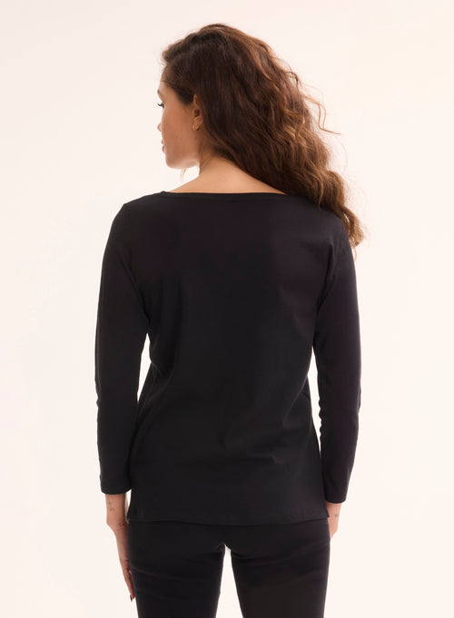 Tee shirt Noir Manches 3/4 Col Bateau en Coton organique - MAJESTIC FILATURES