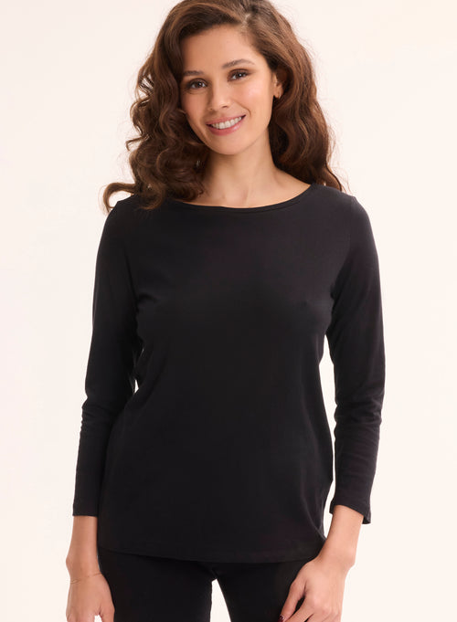 Tee shirt Noir Manches 3/4 Col Bateau en Coton organique - MAJESTIC FILATURES