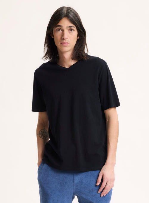 Marineblaues Paul Kurzärmeliges T-Shirt aus Baumwolle mit V-Ausschnitt - MAJESTIC FILATURES
