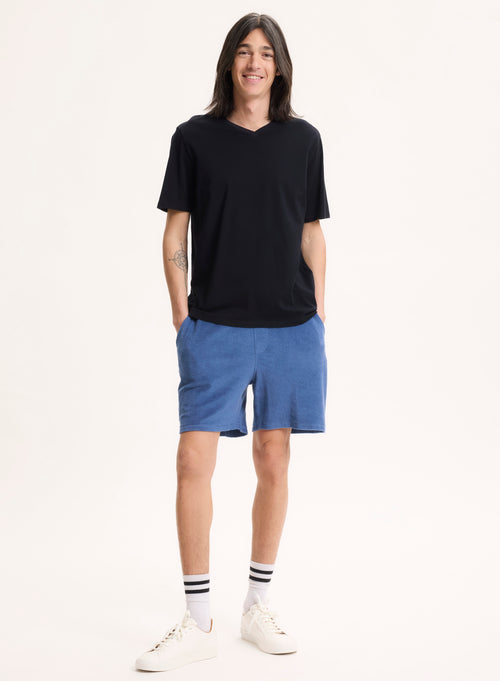 Marineblaues Paul Kurzärmeliges T-Shirt aus Baumwolle mit V-Ausschnitt - MAJESTIC FILATURES