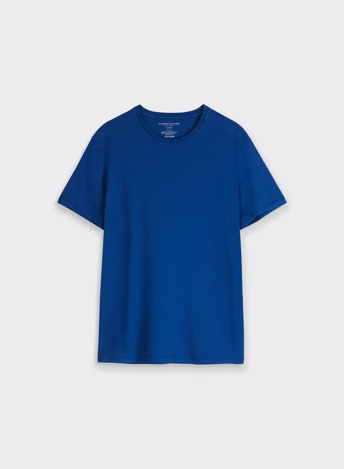 Blaues T-Shirt mit Rundhalsausschnitt und kurzen Ärmeln aus organischer und recycelter Baumwolle - MAJESTIC FILATURES