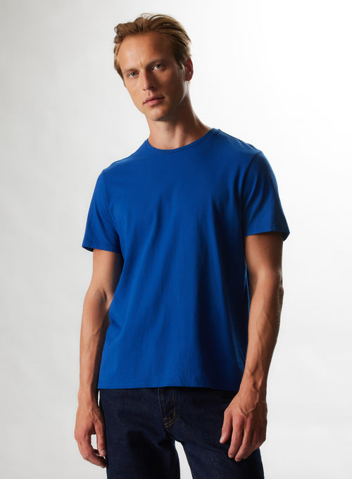 Blaues T-Shirt mit Rundhalsausschnitt und kurzen Ärmeln aus organischer und recycelter Baumwolle - MAJESTIC FILATURES