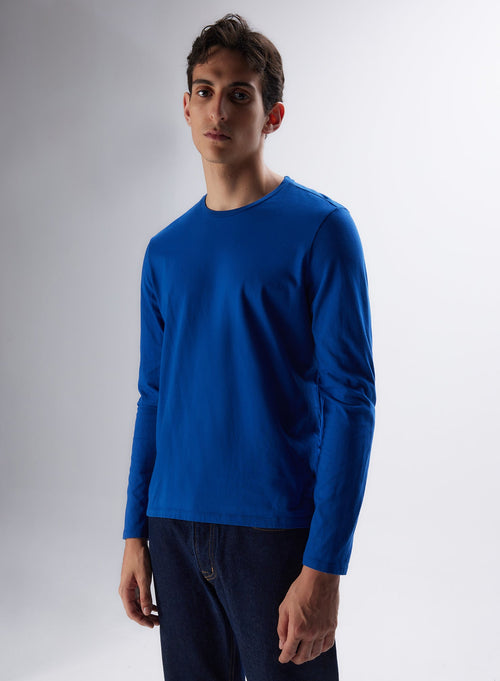Königsblaues Langarm-T-Shirt mit Rundhalsausschnitt aus Bio-Baumwolle und recycelter© Baumwolle - MAJESTIC FILATURES