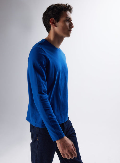 Königsblaues Langarm-T-Shirt mit Rundhalsausschnitt aus Bio-Baumwolle und recycelter© Baumwolle - MAJESTIC FILATURES