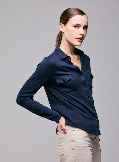 Chemise Bleu / Gris Chemise Manches Longues en Coton organique / Cachemire - MAJESTIC FILATURES