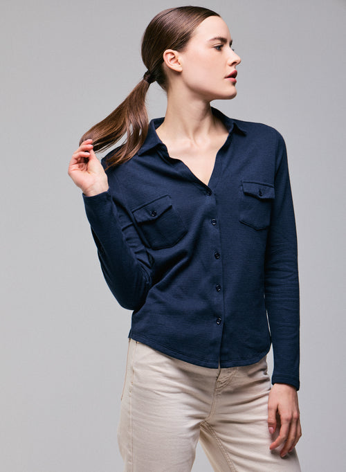 Chemise Bleu / Gris Chemise Manches Longues en Coton organique / Cachemire - MAJESTIC FILATURES