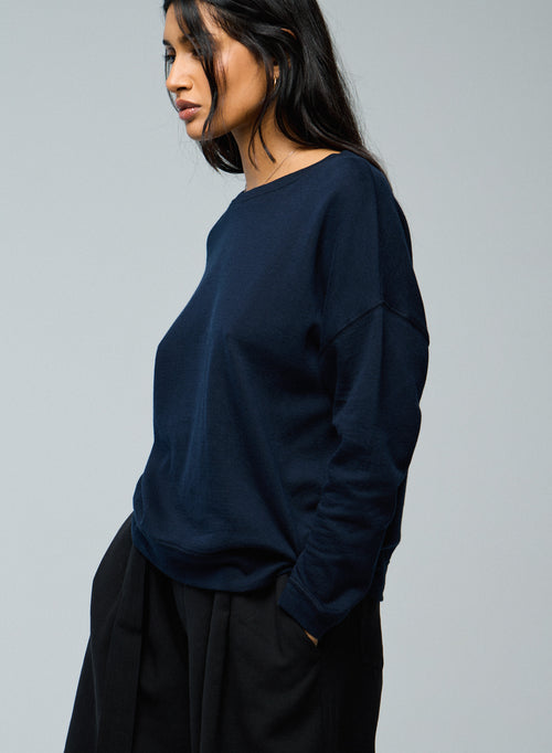 Sweat Bleu / Gris Col Rond Manches Longues en Coton organique / Cachemire - MAJESTIC FILATURES