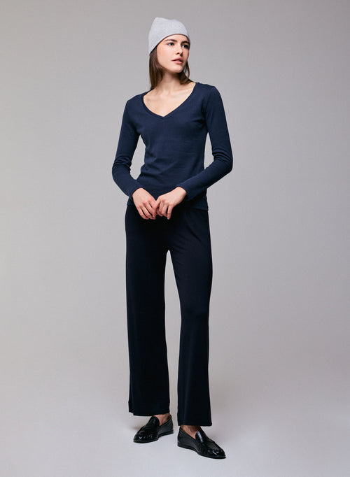 Blau / Grau Langarm-T-Shirt mit V-Ausschnitt aus Bio-Baumwolle / Kaschmir - MAJESTIC FILATURES