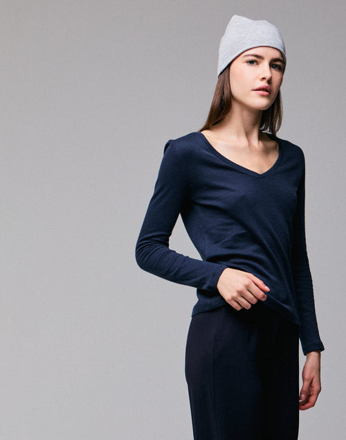 Blau / Grau Langarm-T-Shirt mit V-Ausschnitt aus Bio-Baumwolle / Kaschmir - MAJESTIC FILATURES