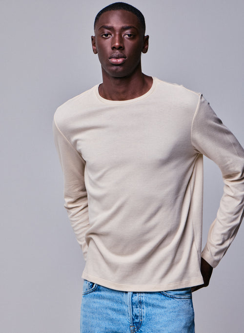 Grey Round Neck Long Sleeve T-shirt in Organic Cotton / Cashmere - MAJESTIC FILATURES