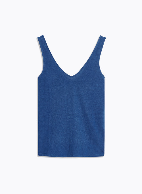 Blaues V-Ausschnitt-Top aus Leinen / Elastan - MAJESTIC FILATURES