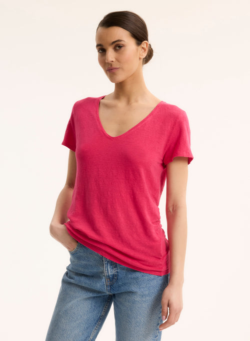 Pink V-Neck Short Sleeve Linen T-Shirt - MAJESTIC FILATURES