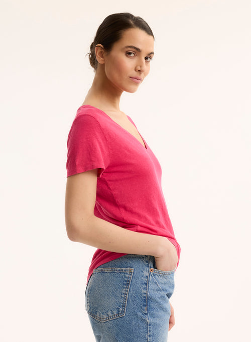 Pink V-Neck Short Sleeve Linen T-Shirt - MAJESTIC FILATURES