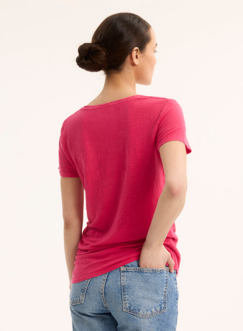 Pink V-Neck Short Sleeve Linen T-Shirt - MAJESTIC FILATURES