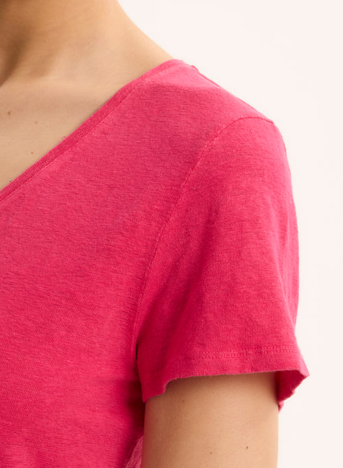 Pink V-Neck Short Sleeve Linen T-Shirt - MAJESTIC FILATURES