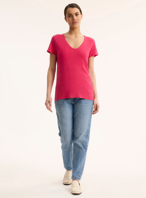 Pink V-Neck Short Sleeve Linen T-Shirt - MAJESTIC FILATURES