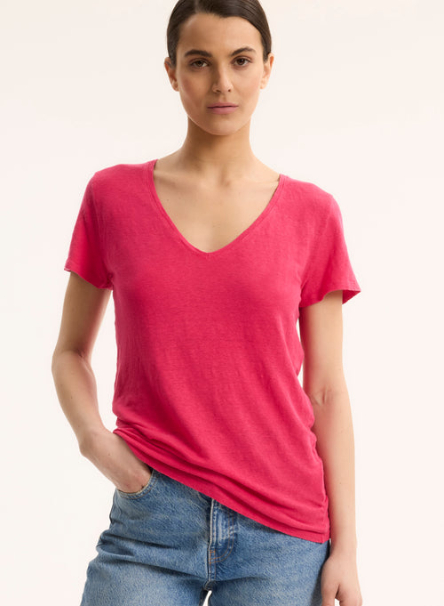 Pink V-Neck Short Sleeve Linen T-Shirt - MAJESTIC FILATURES