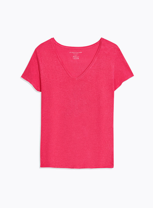 Pink V-Neck Short Sleeve Linen T-Shirt - MAJESTIC FILATURES