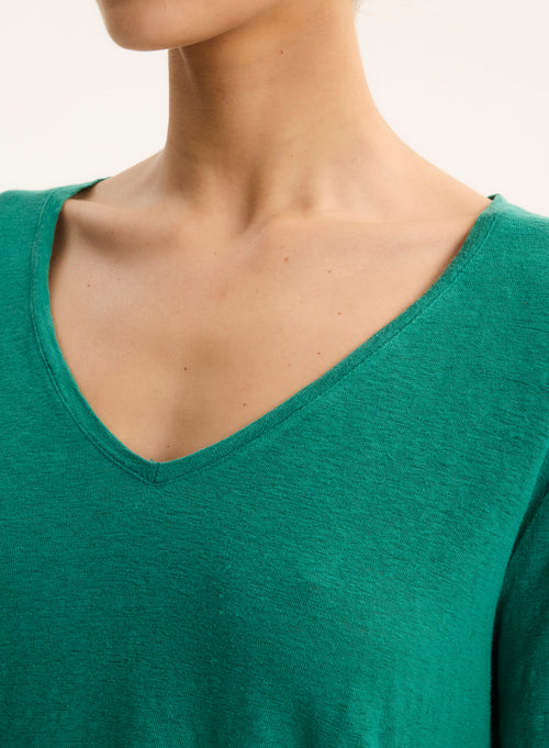 Grünes T-Shirt mit V-Ausschnitt Dreiviertelärmel aus Leinen / Elasthan - MAJESTIC FILATURES
