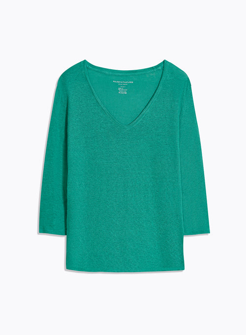 Grünes T-Shirt mit V-Ausschnitt Dreiviertelärmel aus Leinen / Elasthan - MAJESTIC FILATURES
