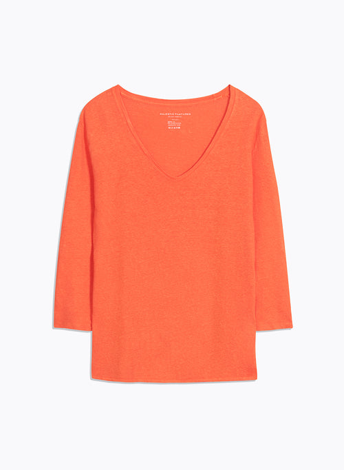 Orangefarbenes T-Shirt mit V-Ausschnitt und Dreiviertelärmeln aus Leinen / Elasthan - MAJESTIC FILATURES