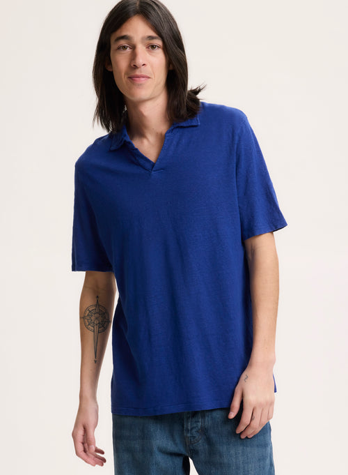 Blue T-shirt Polo Neck Short Sleeve Linen / Elastane - MAJESTIC FILATURES