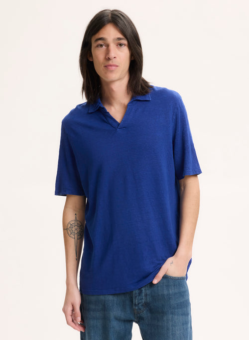 Blue T-shirt Polo Neck Short Sleeve Linen / Elastane - MAJESTIC FILATURES