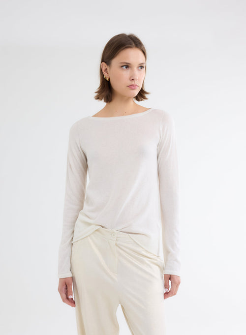 Ecru Boatneck Long Sleeve T-shirt in 100% Cashmere - MAJESTIC FILATURES