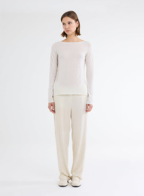 Ecru Boatneck Long Sleeve T-shirt in 100% Cashmere - MAJESTIC FILATURES