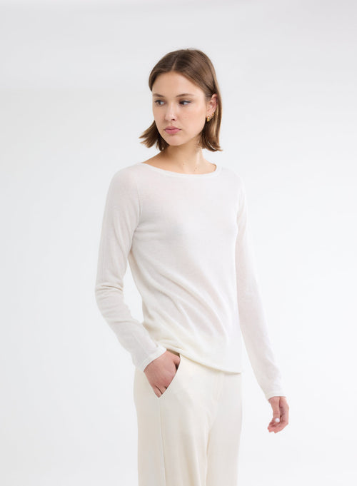 Ecru Boatneck Long Sleeve T-shirt in 100% Cashmere - MAJESTIC FILATURES